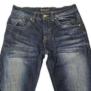 Black Premium Mens Slim Straight Jeans Whiskered Embroidered Pockets 30x32